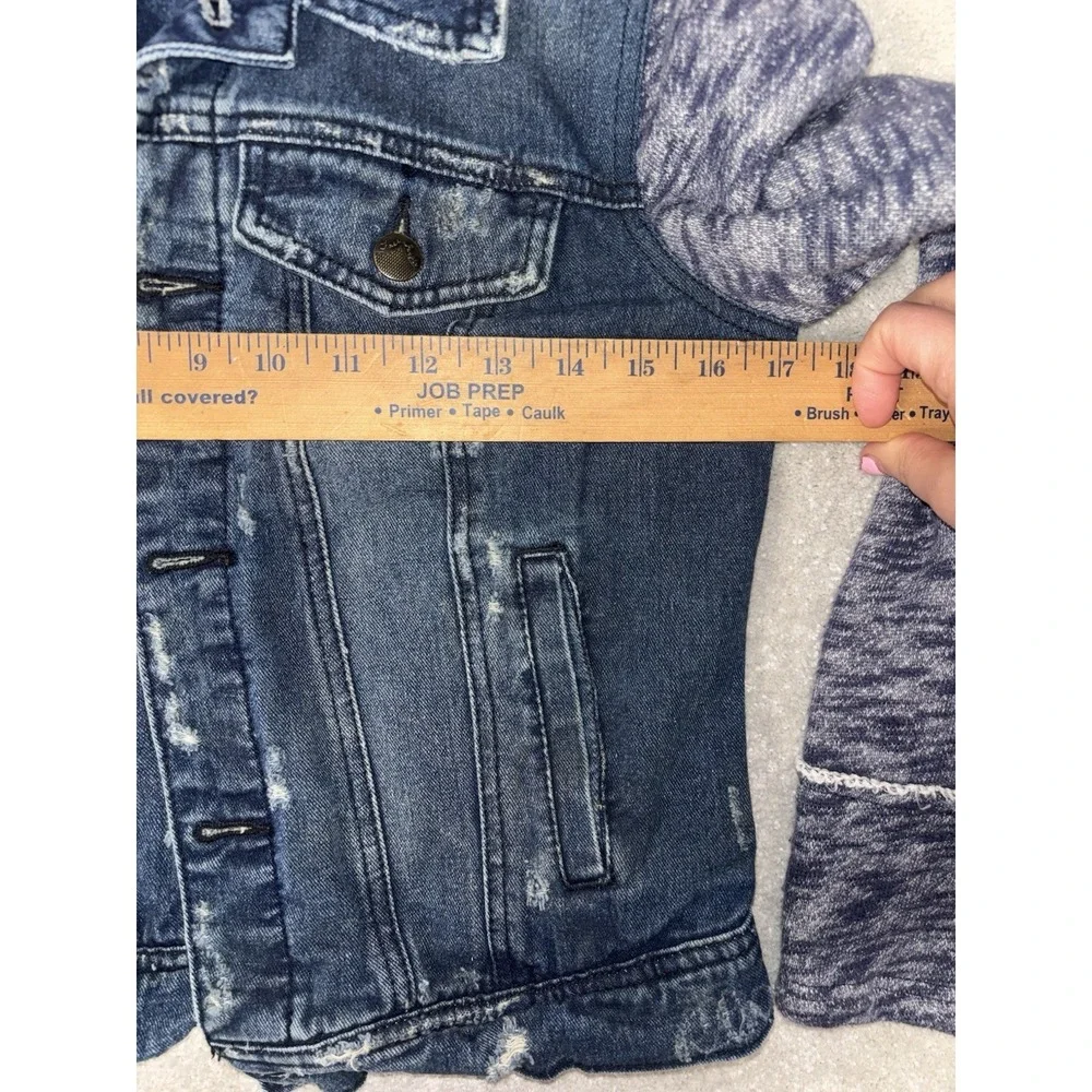 Free People Women's Cotton Denim Jean Woven Knit Sleeves Hoodie Jacket Blue Gray - Picture 9 of 10